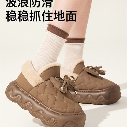 时尚蝴蝶结棉拖鞋女士冬季新款外穿防水保暖亲子包跟毛绒棉拖女童
