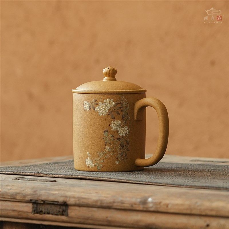 颐壶春高档宜兴紫砂盖杯泡茶马燕泥绘个人专用泡茶杯原矿段泥茶杯