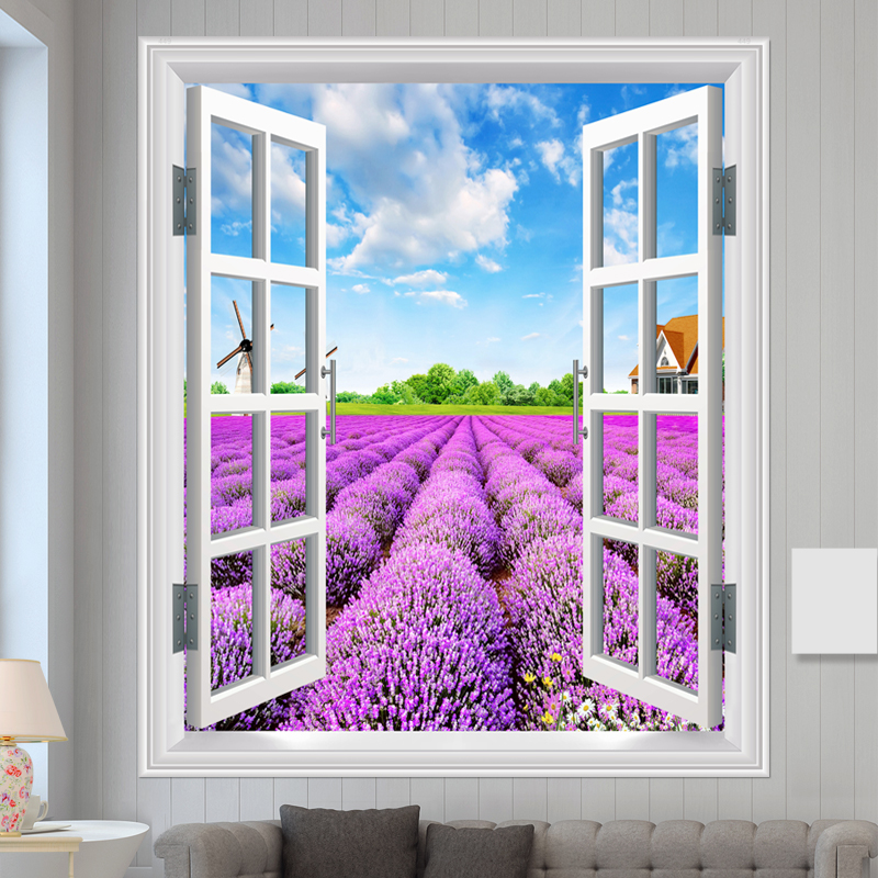 贴纸自粘客厅假窗户装饰竖版3d立体墙壁画过道卧室风景墙贴山水画