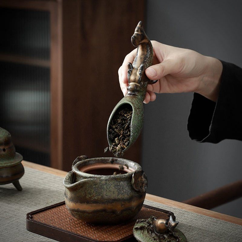 复古高档陶瓷鱼化龙茶匙茶勺茶铲茶叶勺子茶具茶则量勺取茶工具