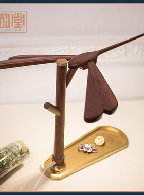 铜木结合平衡蜻蜓灯摆件LED灯USB供电发光中式茶道办公室桌面装饰