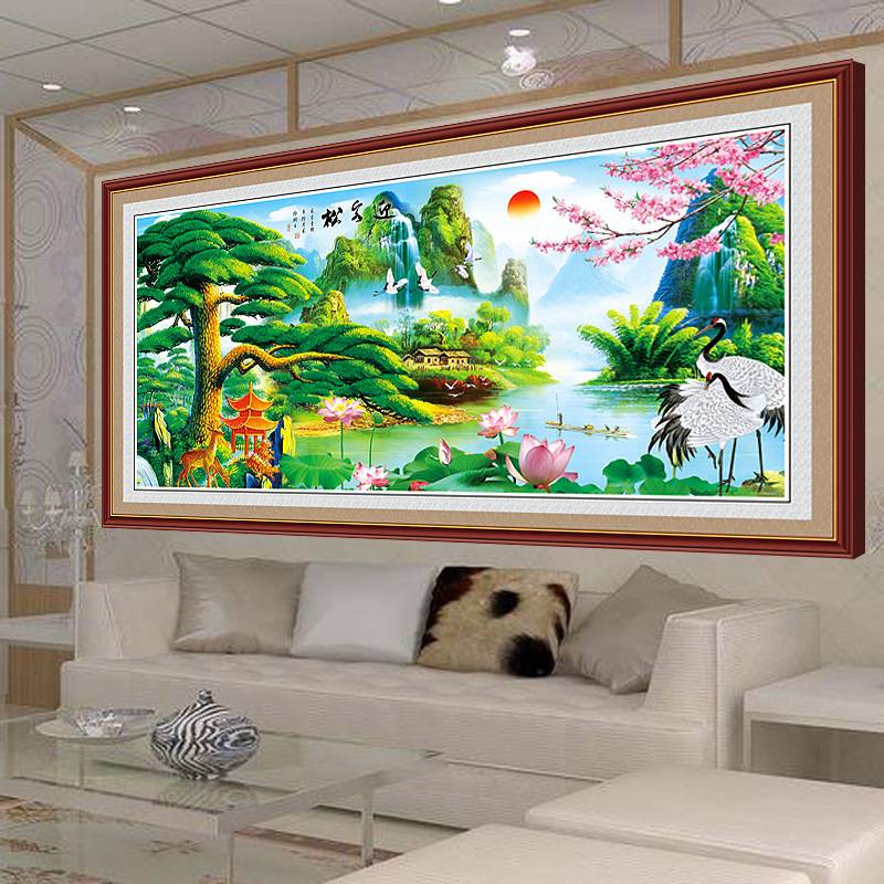 迎客松 钻石画满钻 5d魔方钻石画 钻石画新款客厅 流水生财