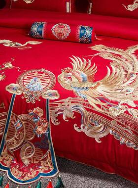 结婚四件套14床098s长棉用喜被套件高绒端婚庆床上品陪嫁红色纯棉