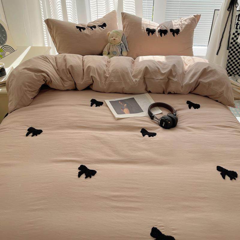 202FOV5新款温柔套蝴床蝶结毛巾绣水洗云朵棉四件套被单床简笠约