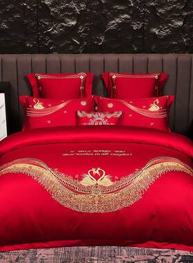 婚庆四件套棉刺花绣结婚棉床大红色婚房礼绣床品喜被上QLS用品
