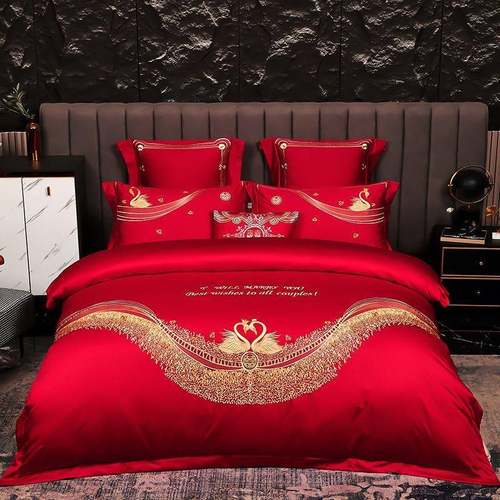 婚庆四件套棉刺花绣结婚棉床大红色婚房礼绣床品喜被上QLS用品