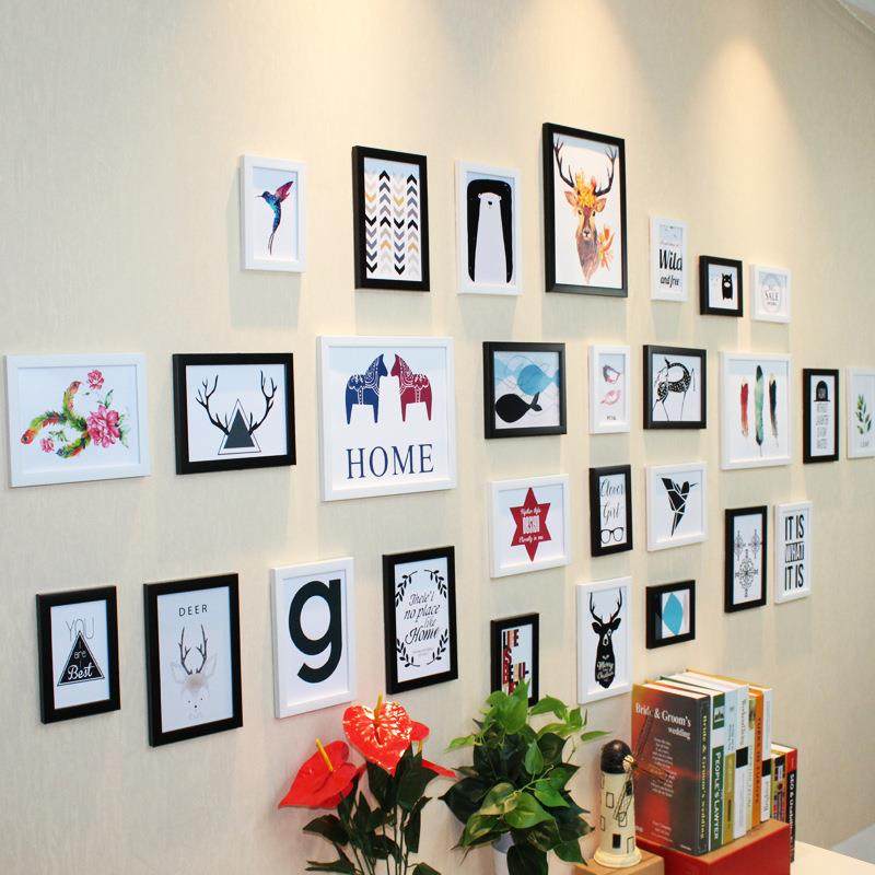 现代客厅照片墙饰YQN相框墙欧式相海框墙组合相片墙装地中28挂框