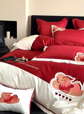 100长绒棉红色BMZ四件套高庆端鸳鸯绣喜庆纯婚棉被套结婚床刺上用