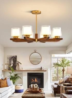 中古实风EHO美客厅北吊灯餐厅黑胡桃木木灯具双层玻璃灯罩新中式