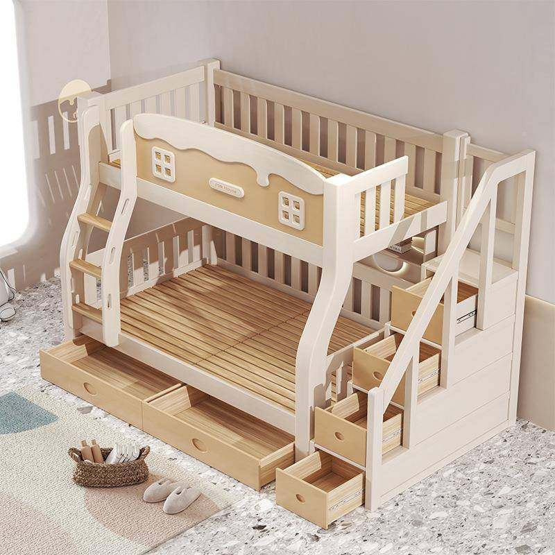 两全实木高低床奶油风层家用卧室双床成人EXU层子母床多床功能上