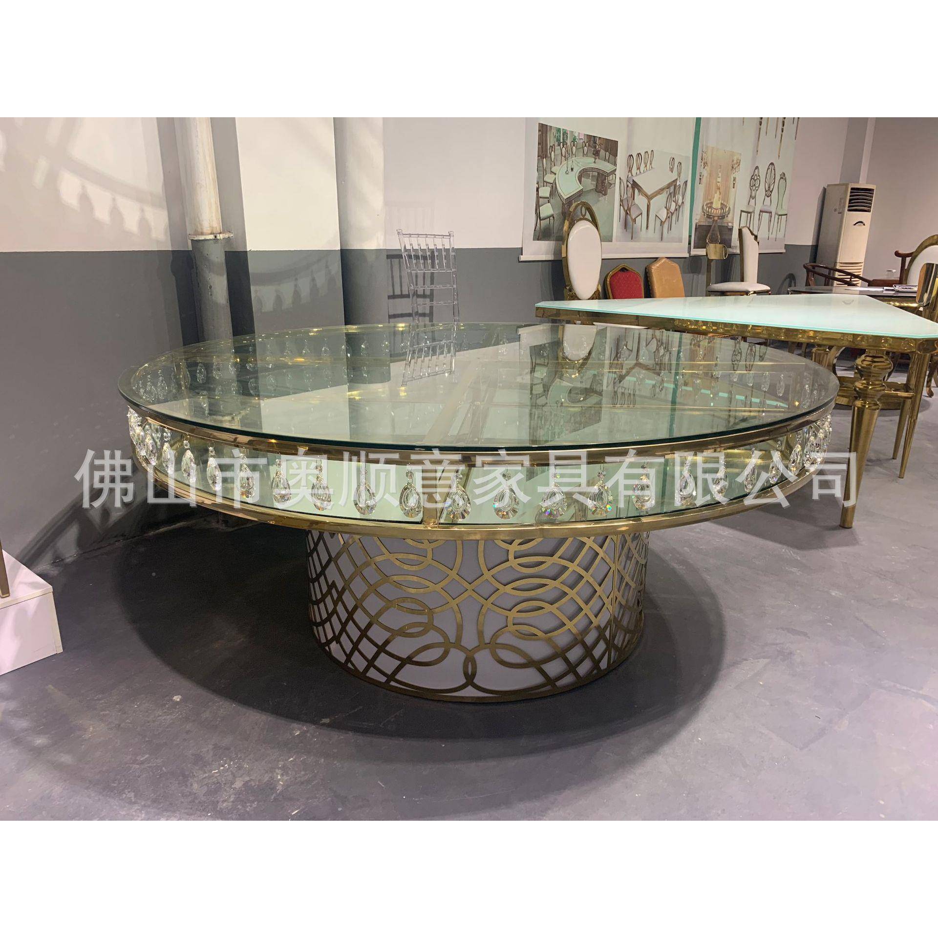 带水晶挂件婚庆长镜面玻璃面国外礼用不GRR锈钢桌金色蛋糕婚西餐