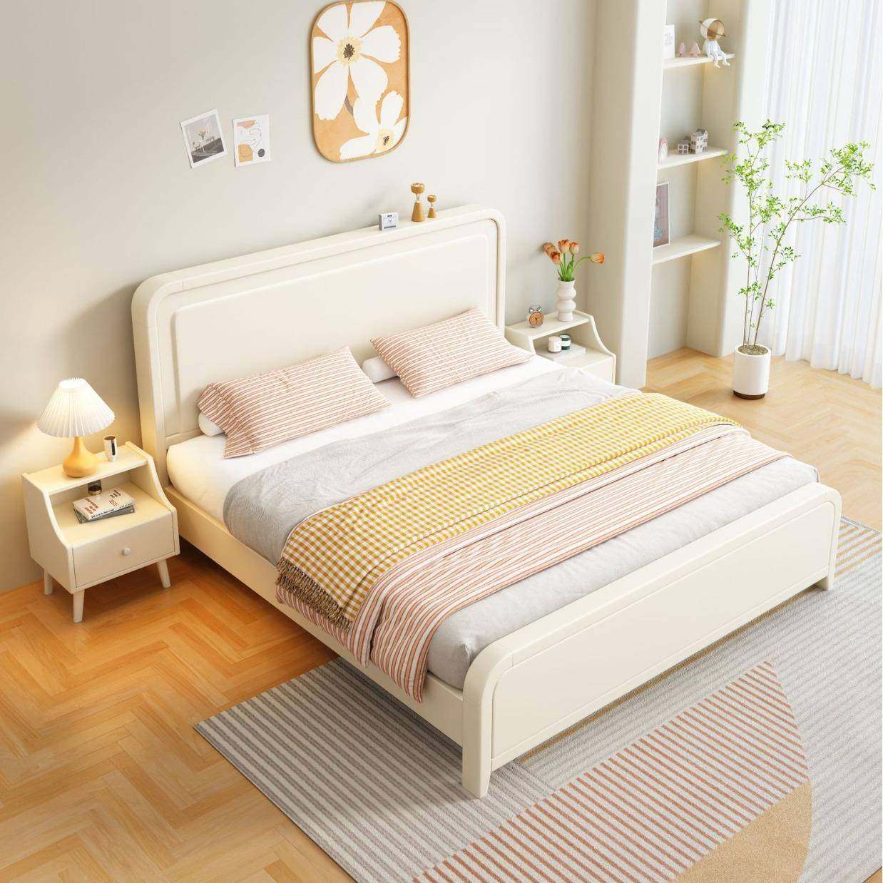 奶油风白色型实木床1.5m1.8YQX米现代简约主卧家用物小户单双人储