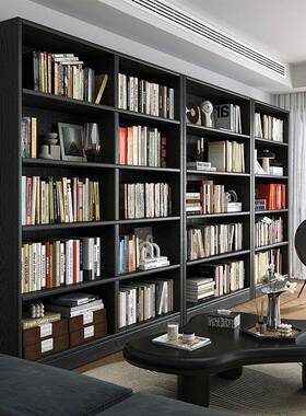 式美黑色全实木家用书架整一体落地物架靠墙WCK客置厅储物墙组合