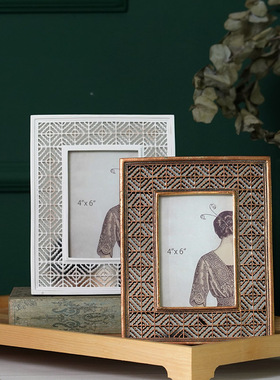 欧式复古做旧镂空雕刻镜面相框 古典怀旧金色白色树脂6寸画框摆台