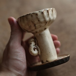 复古手捏粗陶烛台黑陶灯台白釉黑陶中式复古蜡烛高9.5cm口径7.5cm