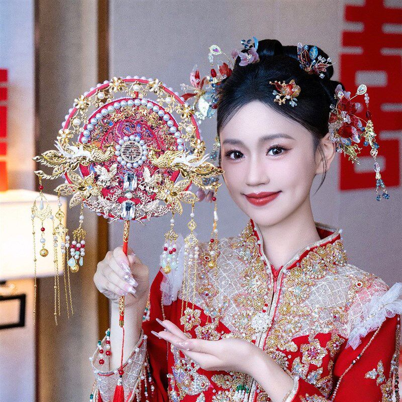团扇结婚新娘diy材料包喜扇秀禾中式婚礼扇子成品婚扇手工双面