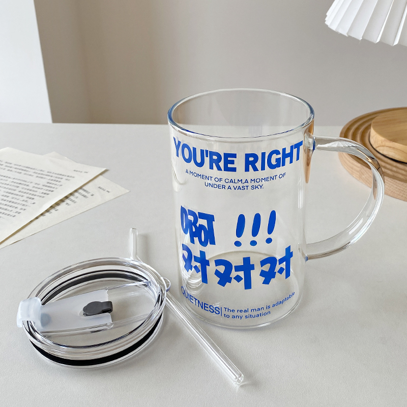 玻璃杯创意文字啊对对对大容量1000ml男女家用办公泡茶水吸管杯子