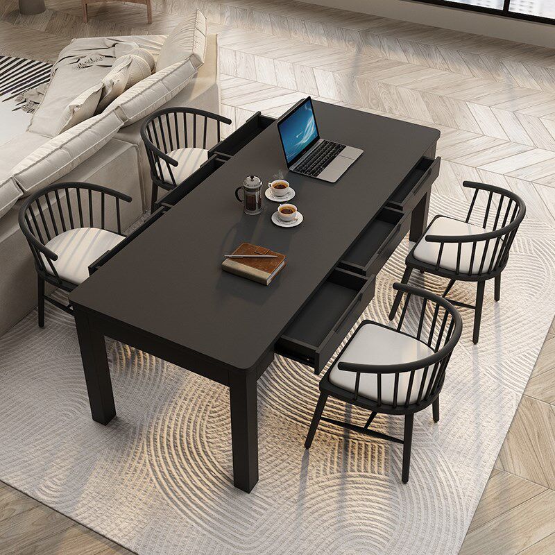 全实木带抽屉黑色哑光书桌客厅现代简约家用多人写字桌办公桌台