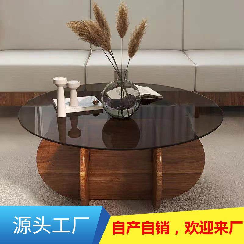 轻奢玻璃茶几现代简约小户型客厅圆形实木家用创意设计沙发边几桌