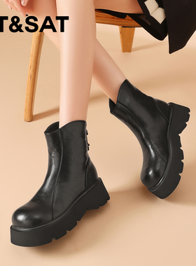 星期六黑色高跟短靴女款冬季2026新款厚底马丁靴加绒保暖瘦瘦靴子