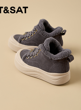 星期六灰色高帮女鞋时尚潮流毛边加绒保暖雪地靴棉鞋复古运动板鞋