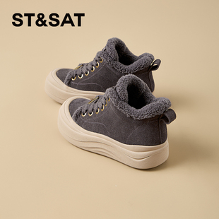 星期六灰色高帮女鞋时尚潮流毛边加绒保暖雪地靴棉鞋复古运动板鞋