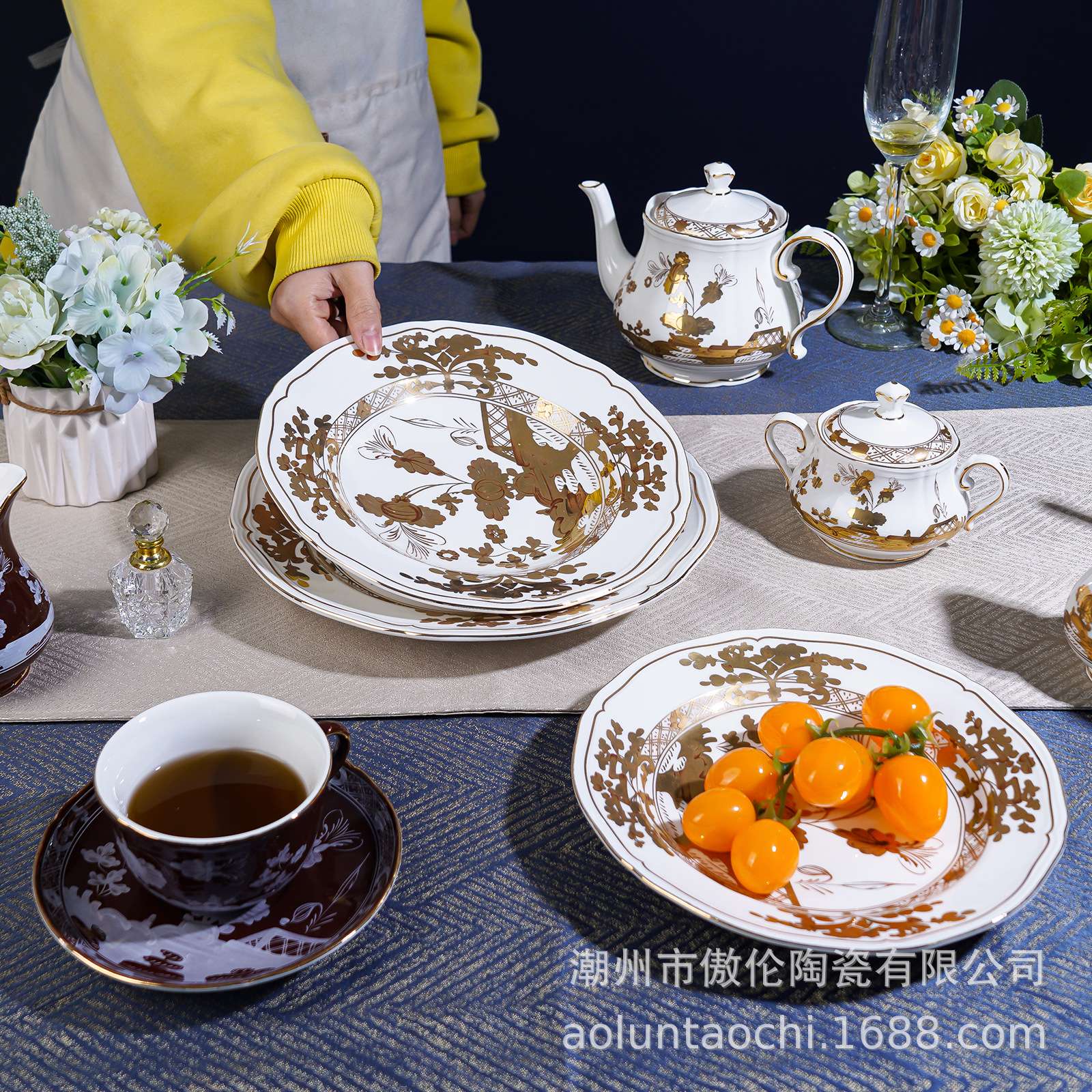 2025理查德金色杜鹃花复古意式仿古大垫盘花边折叶花朵盘婚礼盘子