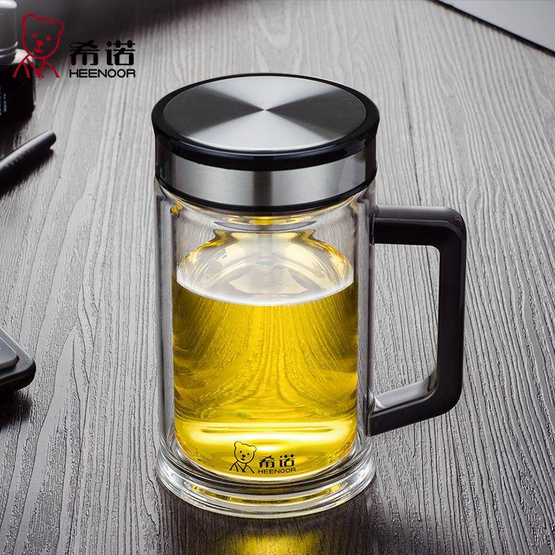 希诺双层玻璃杯带手柄商务便携办公泡茶杯过滤网透明水晶杯XN7006