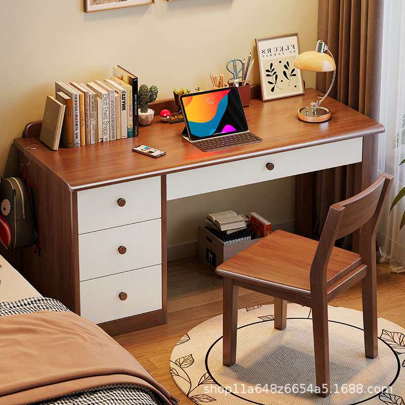 实木书桌台式电脑桌学生家用学习桌简约现代办公桌卧室带抽屉桌子