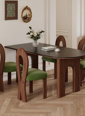 中古法式哑光黑色岩板实木小户型胡桃饭桌白蜡木半圆靠墙餐桌椅