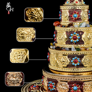 藏村仿尼泊尔曼扎盘修盘金色小号八吉祥雕花曼茶罗宝石镶嵌曼达盘