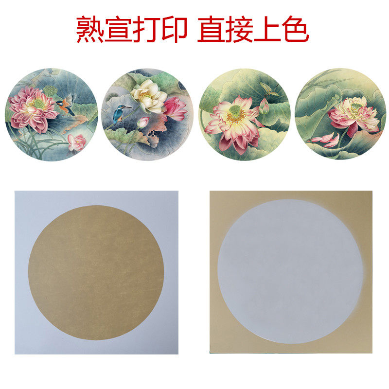 国画底稿白描线稿熟宣卡纸荷花直接上色圆形花鸟初学者临摹练习