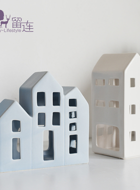简约现代蓝色白色镂空房子建筑烛台摆件样板房儿童房桌面软装饰品