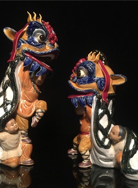 石湾公仔陶瓷摆件创意工艺品客厅玄关摆设开业礼品黄飞鸿舞狮醒狮