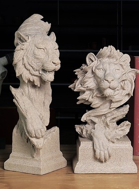 欧式动物雕塑砂岩狮子摆件创意装饰玄关书房客厅软装工艺品摆饰