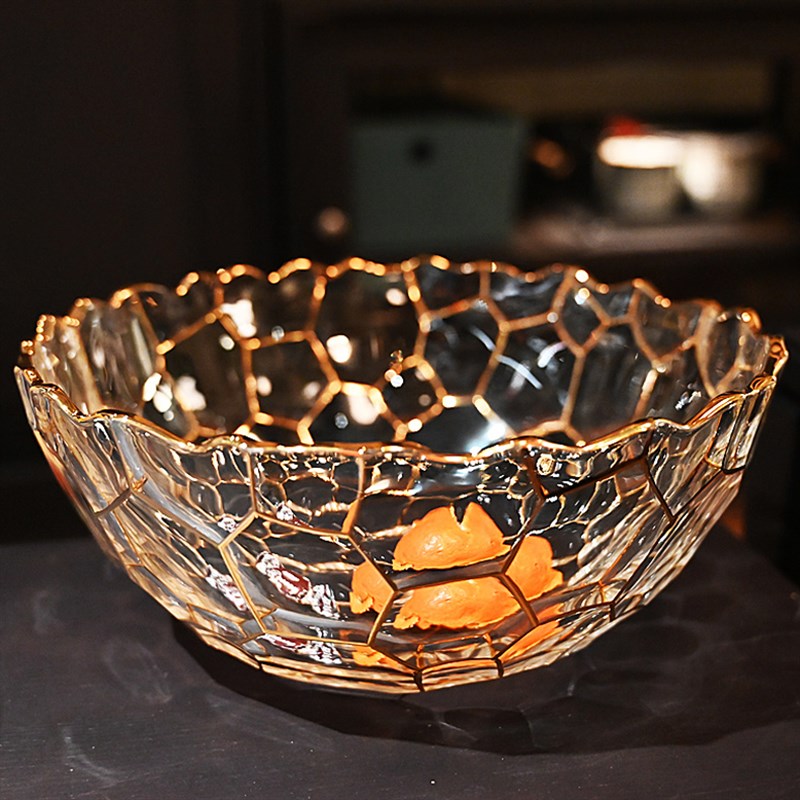 现代简约水晶玻璃餐具平盘浅盘子描金水果沙拉盘茶杯托盘圆形摆件