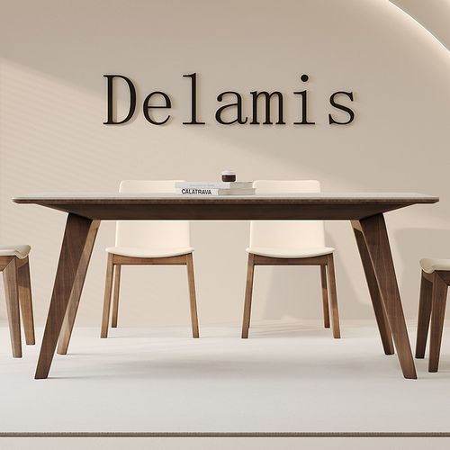 德利丰洞石岩板餐桌实木小户型白蜡木现代简约长方形家用岩板桌子