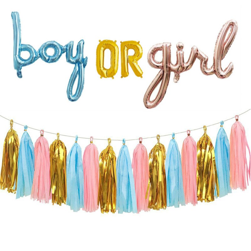 时尚节日派对装饰 宝宝性别揭示派对流苏气球套装 BOY OR GIRL