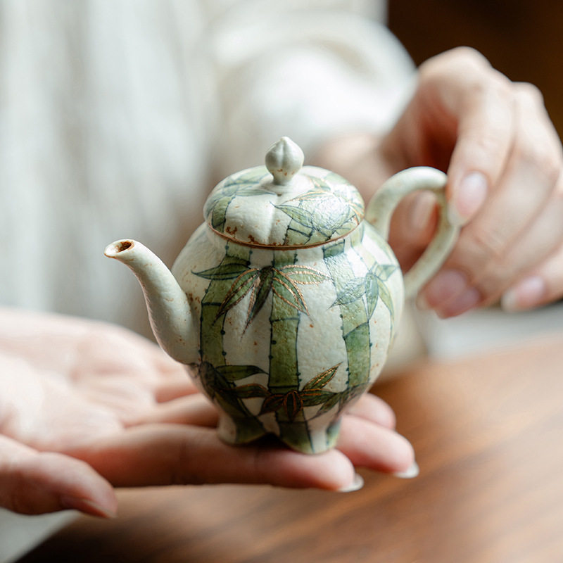 心中收火石红描金纯手绘竹林花艺壶带过滤陶瓷个人家用泡茶器单壶