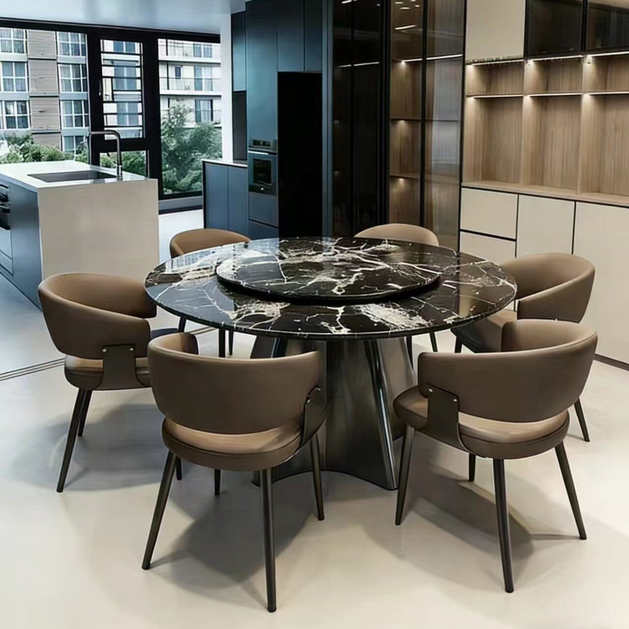意式轻奢大理石圆餐桌带转盘家用别墅设计师餐桌奢石餐厅饭桌