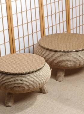 I1麻绳榻榻米茶几炕几几RNQ阳台地台茶几飘式窗桌中家小用圆形矮