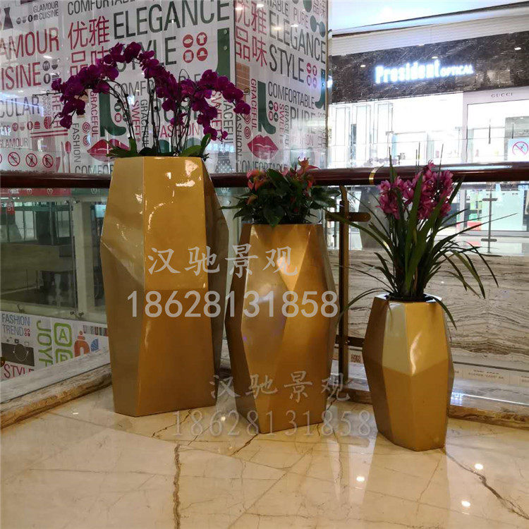 商场美陈异形方块形玻璃钢组合单个花瓶酒店宾馆花摆件创意设计