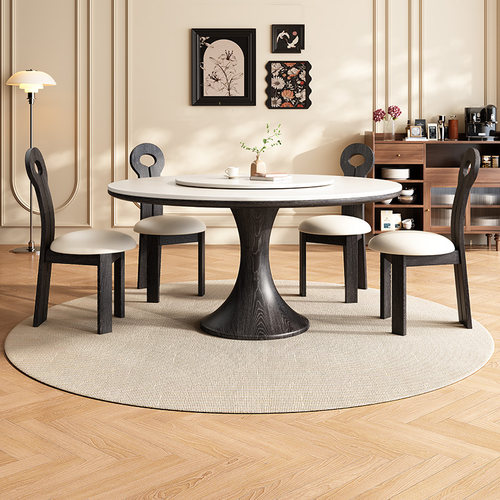 复古风实木岩板圆桌侘寂中古风法式圆形餐桌椅组合小蛮腰家用饭桌