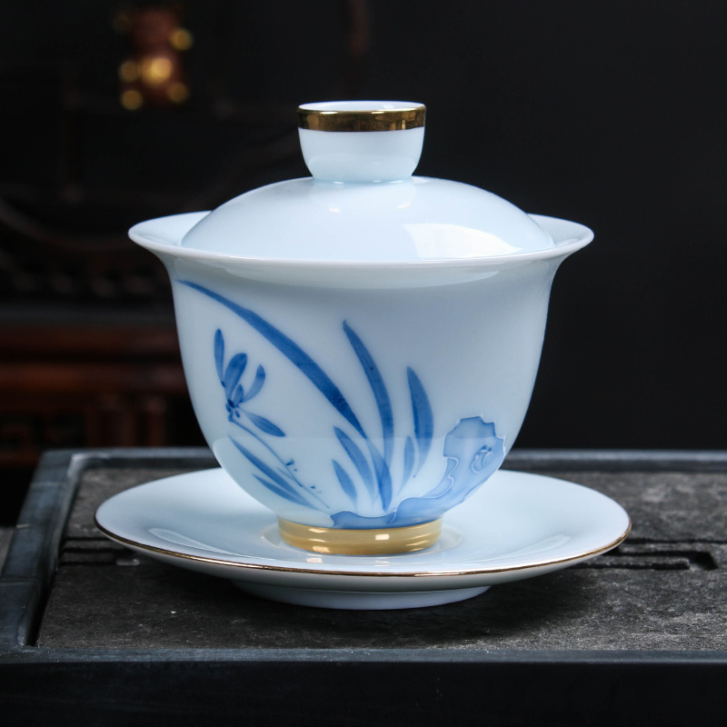 原源大号描金手绘陶瓷泡茶碗家用青花瓷釉下彩三才盖碗耐热敬茶碗