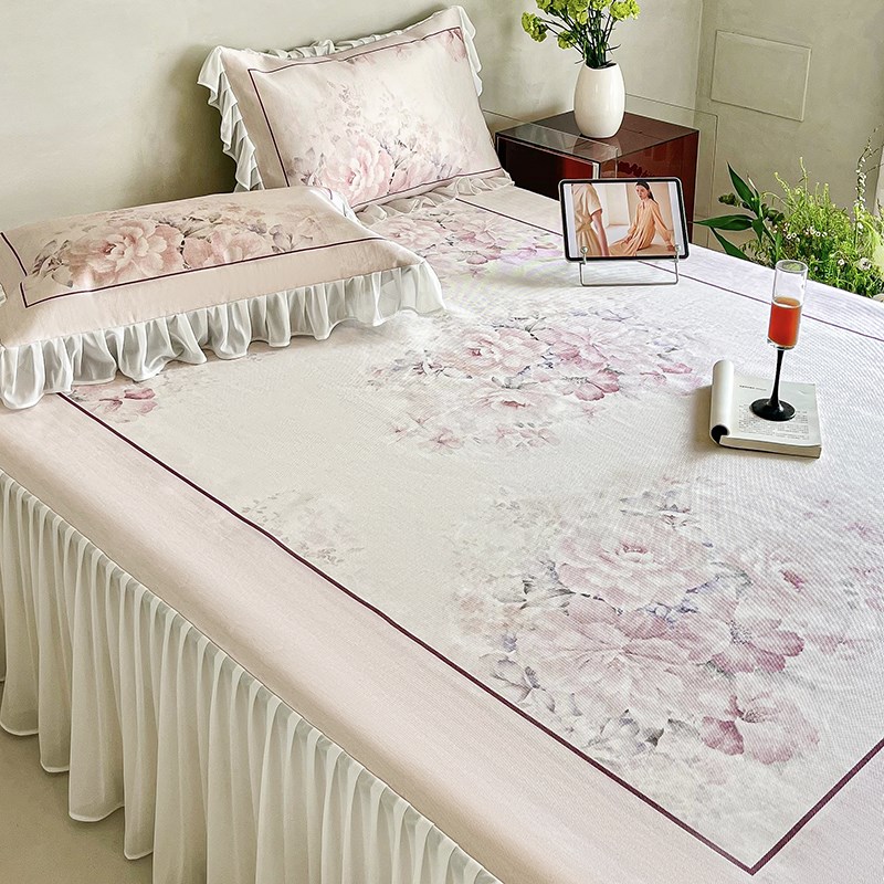 法式夏季冰丝凉席三件套浪漫花卉印花可水洗床裙款1.8m空调软席