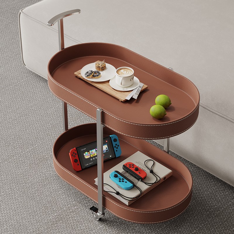 马鞍皮可移动推车现代简约沙发边带轮边几家用小户型椭圆形小茶几