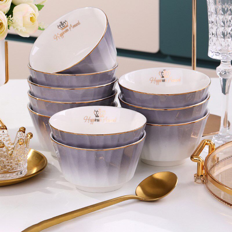 陶瓷碗家用欧式金边陶瓷餐具可微波吃饭的碗盘套装加厚防烫碗组合