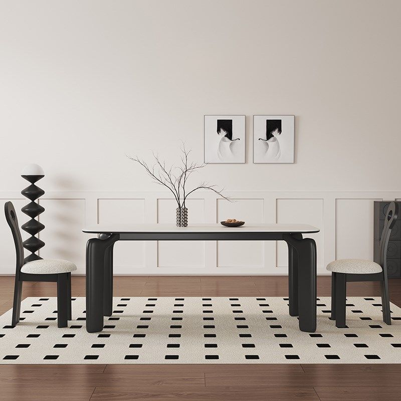 复古碳素钢餐桌长方形现代简约家用侘寂风创意哑光纯白色岩板餐桌