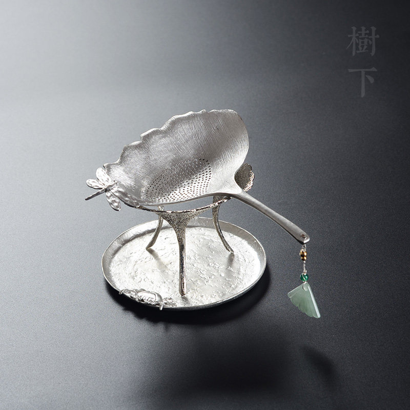 纯手工锡制茶漏器茶过滤网镶银坠银杏树叶架茶漏茶滤创意家用可爱