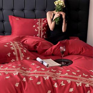 高档新款100S长绒棉婚庆四件套全棉纯棉结婚婚房红色四季通用床品